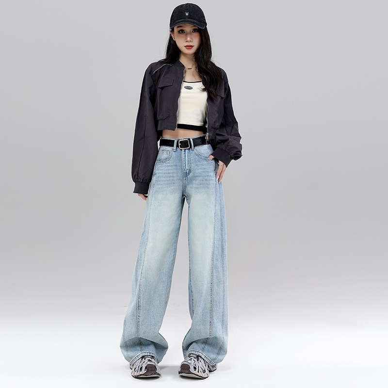 浅色解构弯刀牛仔裤女小个子2025新款春夏宽松垂感美式直筒阔腿裤|undefined