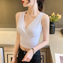 超短款露脐上衣显瘦法式交叉v领白色吊带背心女夏季修身性感外穿
