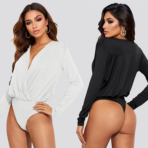 European and American-style women's clothing, 2024 autumn new arrival—sexy V-neck slim-fit base-layer spliced long-sleeved jumpsuit, wholesale for foreign trade.