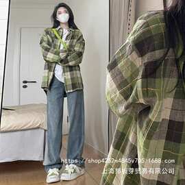 夏季潮牌磨毛格子衬衫男款薄款复古美式宽松长袖衬衣情侣批发