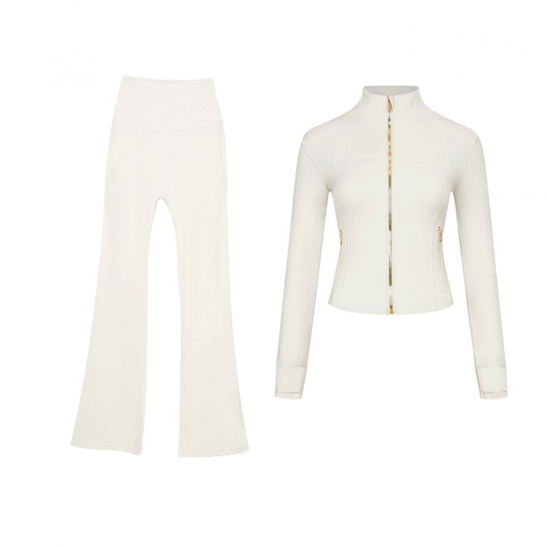 LULU original design Define short stand-up collar jacket and flared pants set with gold zipper, slim-fit sports jacket for women LULU original design Define short stand-up collar jacket and flared pants set with gold zipper, slim-fit sports jacket for women