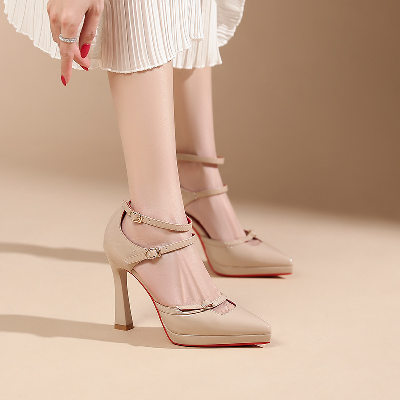 Giày cao gót nữ mũi nhọn quai ngang đế xuồng gót 10 cm phong cách Pháp — Màu da-10cm