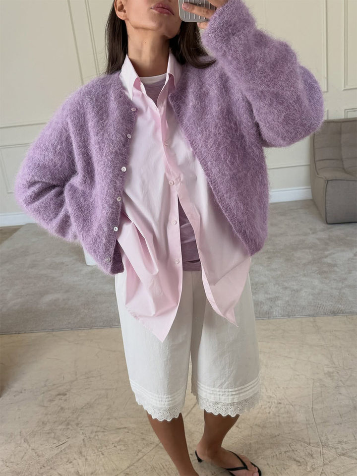 Áo khoác cardigan len nữ dáng rộng một hàng cúc, chất liệu dệt kim mềm mại, phong cách thanh lịch — Màu hồng nhạt (hàng có sẵn), Màu xanh lá cây (có hàng), Màu xanh ô liu (đốm), Màu xanh đậm (Còn hàng) chi tiết 36