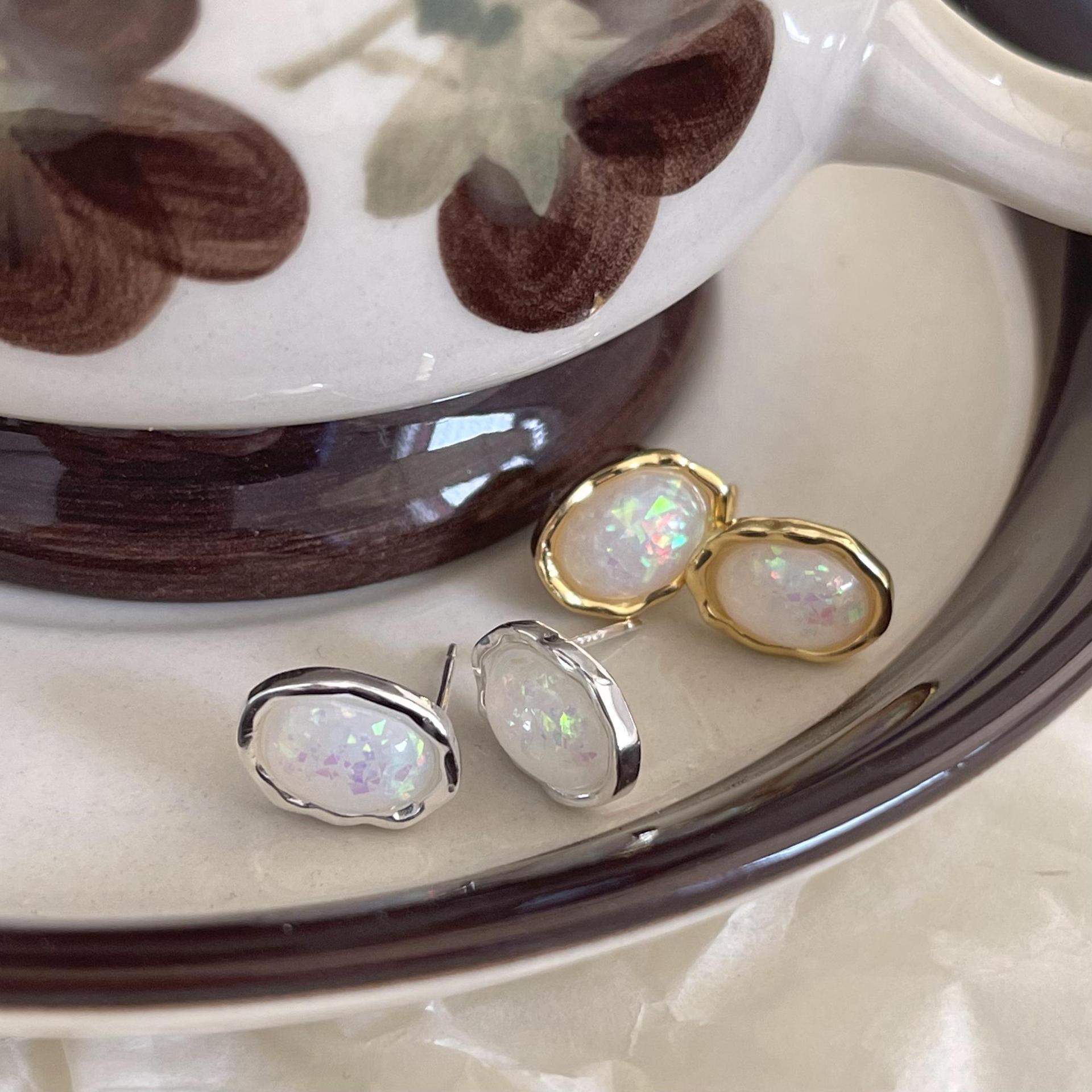 Ear Studs Classification 1 Pair 18K Gold Plated 925 Sterling Silver Opal Stone 925 Sterling Silver Earrings Oval Ear Studs