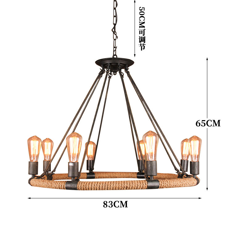 Estilo industrial retro americano loft sala de estar comedor cafetería olla caliente tienda de ropa araña de cuerda de cáñamo de hierro forjado redondo