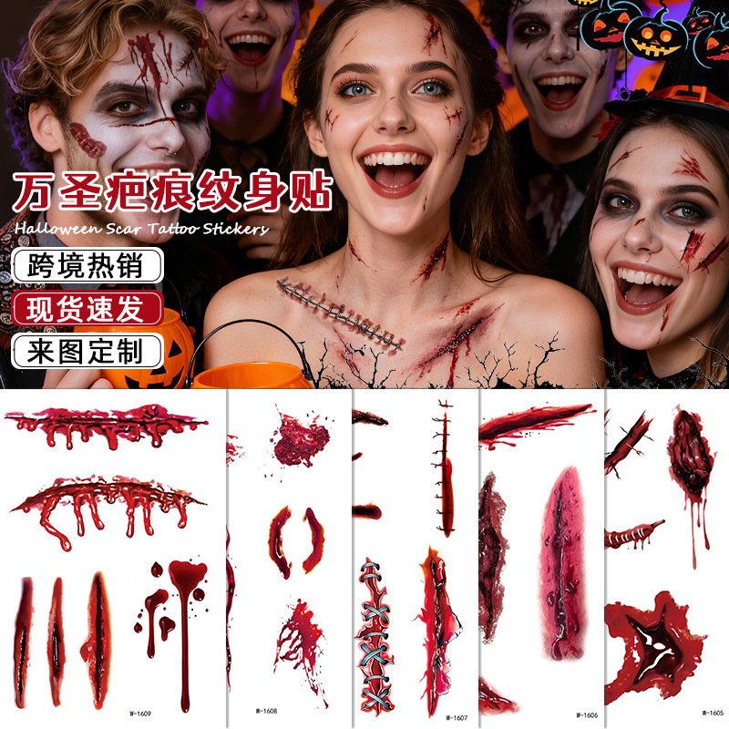 Halloween Scar Tattoo Stickers Waterproof Sweat Horror Bloody Wound Scar Makeup Party Temporary Face Tattoo Stickers