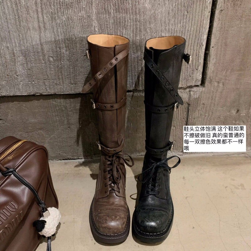 Sheepskin Version ~ Miu Fashionable Belt Buckle Retro Thick Heel Long Knight Boots Women's Genuine Leather Thick-Soled Boots High Boots