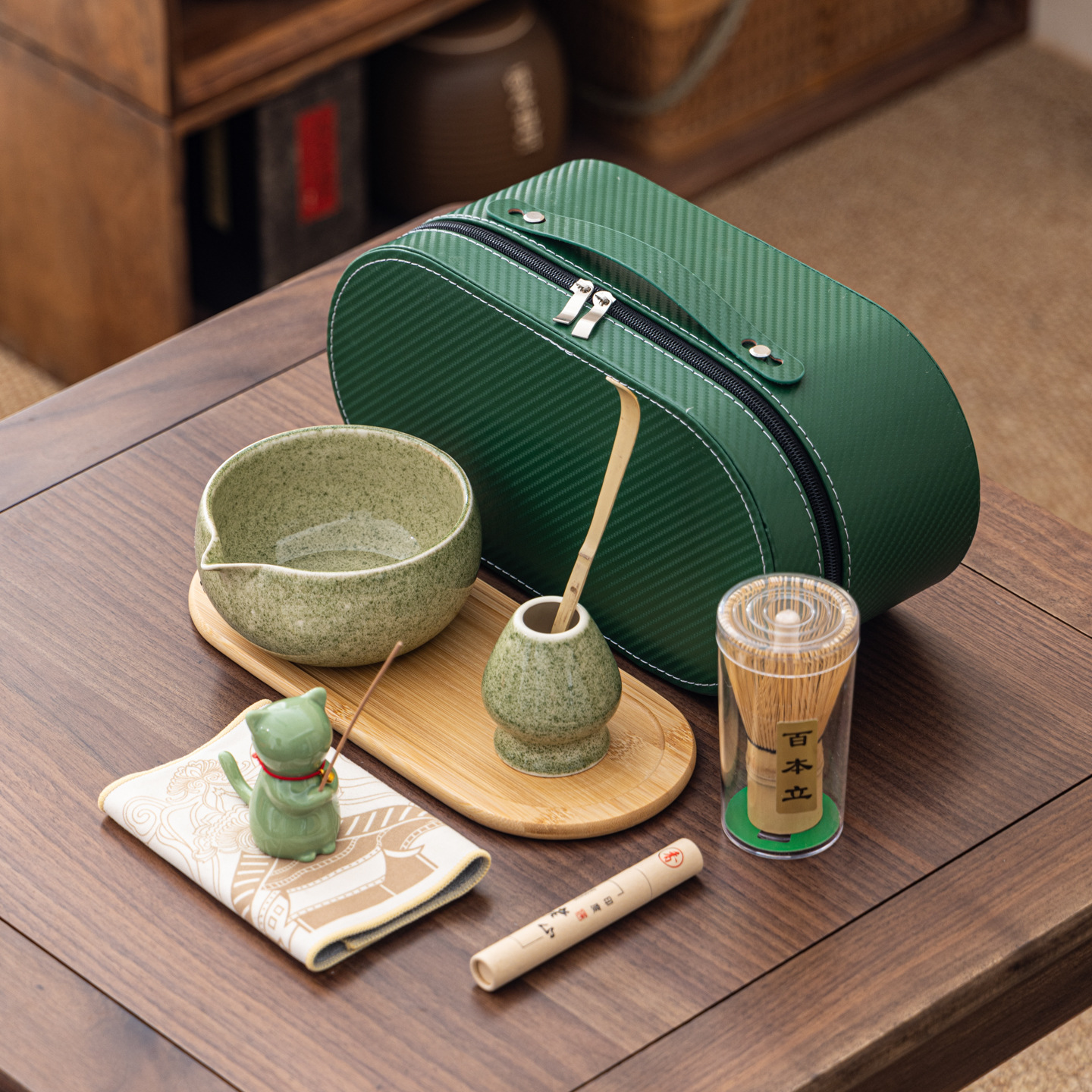 Cuenco de matcha corrugado caja de cuero set adorable gatito Xiangdao ocho piezas set punto té 100 tazas de té