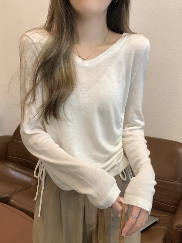 收腰甜辣V领针织衫女不规则上衣2025春秋双侧抽绳内搭长袖打底衫1|undefined