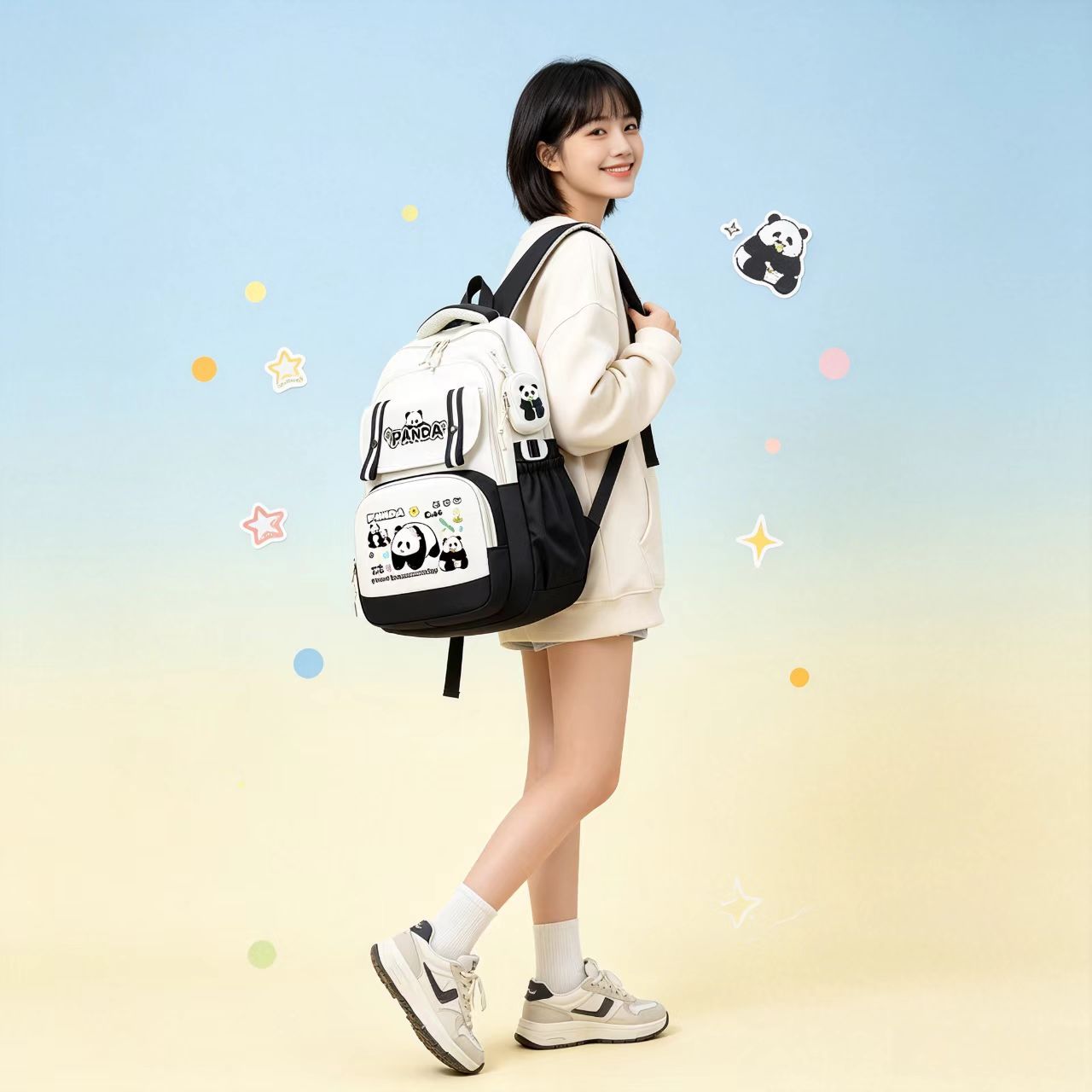 New Style Panda Cute Children's School Bag, College-Style Trendy Large-Capacity Casual Backpack for Middle and High School Students with High Aesthetic Value