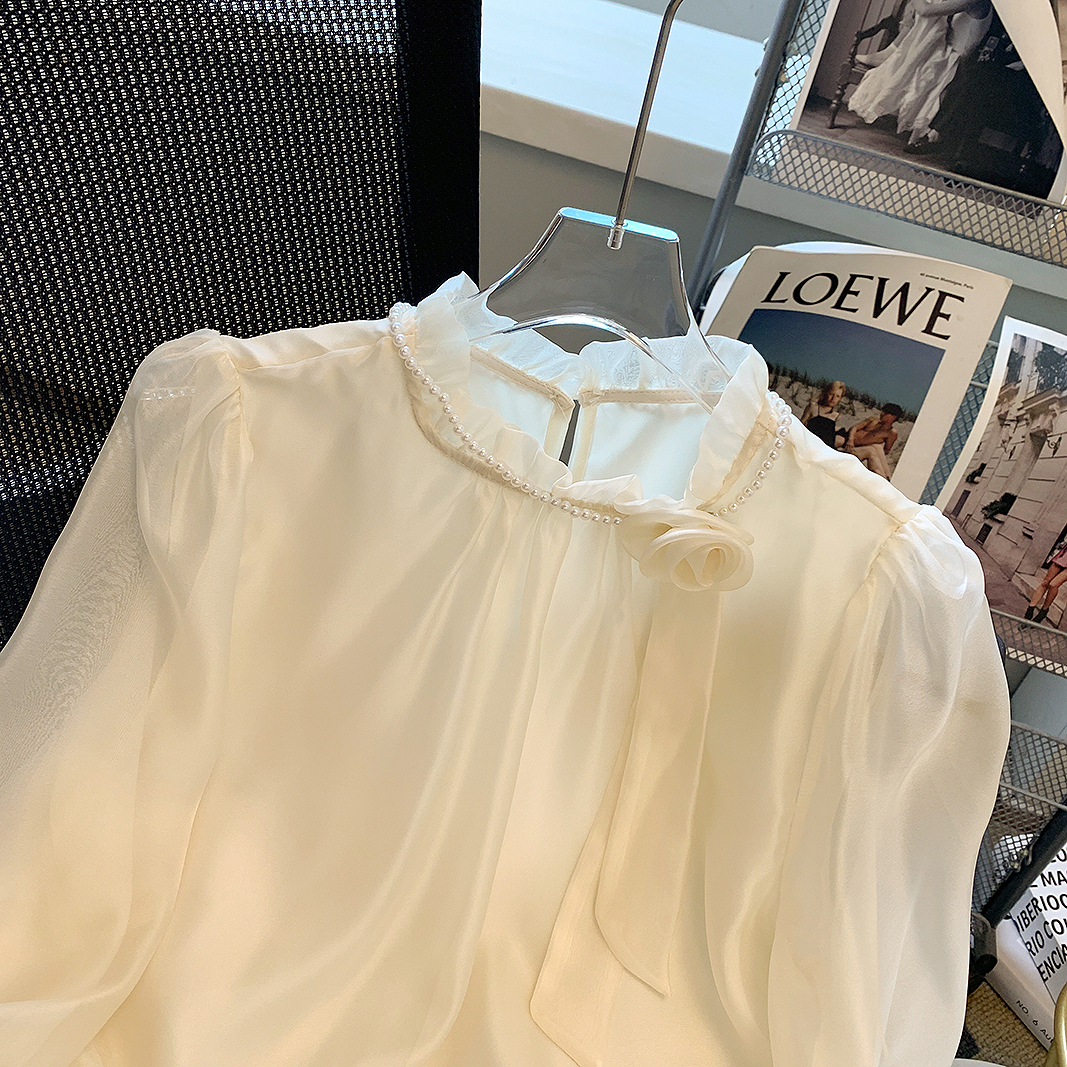 프랑스 스타일 보라색 꽃 스트랩 경적 소매 셔츠 여성의 가을 2024 세련된 아름다운 레이스 칼라 쉬폰 탑