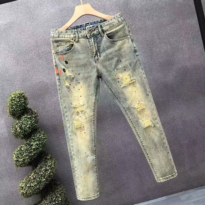 Trendy Ripped Light-Colored Thin Jeans for Men, Korean Style Slim Cropped Pants, 2025 Spring/Summer New Men's Skinny Pants