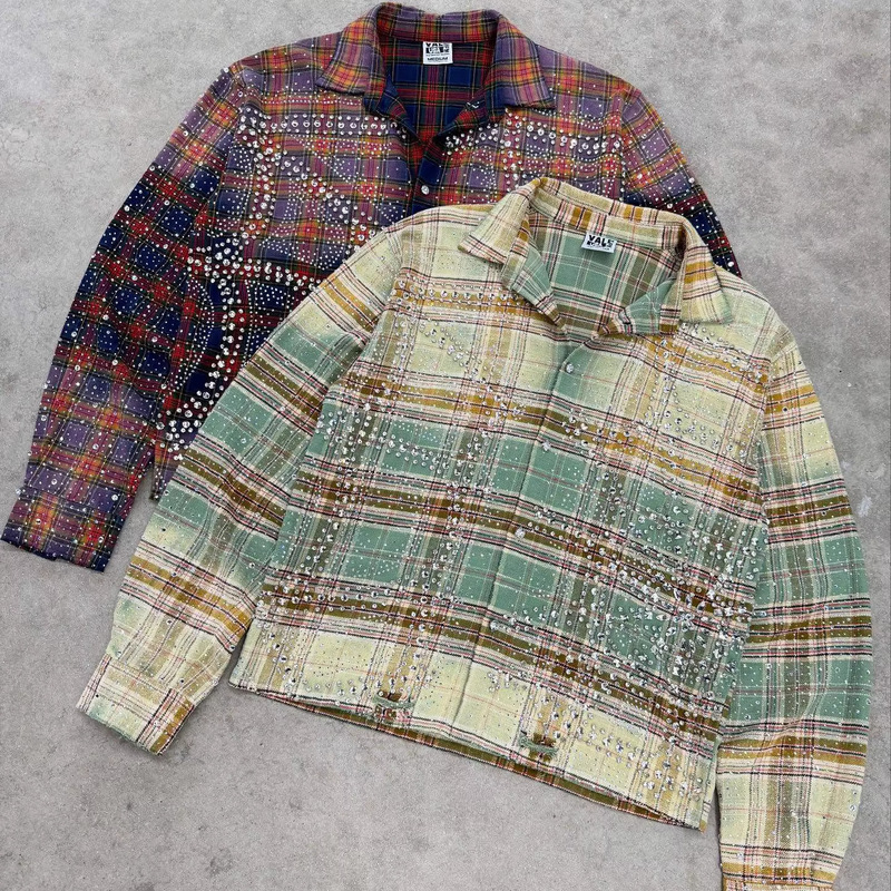 Cross-Border European and American Popular Hot Diamond Full Diamond Crystal Long-Sleeved Shirt Ins Street Hip-Hop Rap Plaid Shirt for Men and Women
