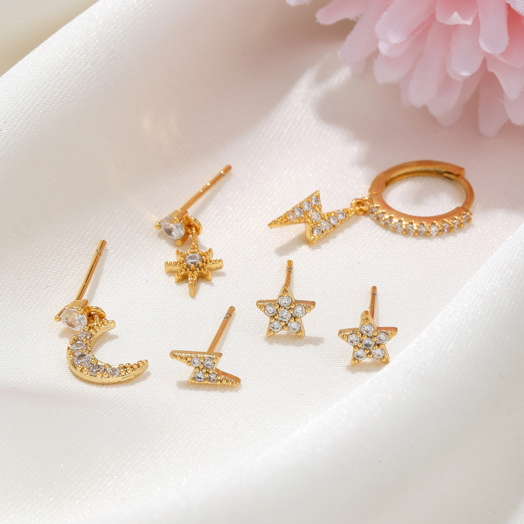 Copper Material 6 Pieces Fashion Star Moon Lightning Copper Plating Zircon Earrings