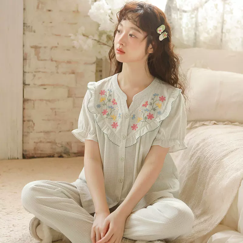 蔓秋春夏薄款双层纱睡衣夏季女士纯棉棉纱短袖长裤甜美家居服套装