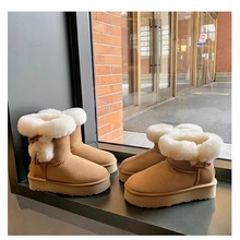 桑坡羊皮毛一体厚底牛角扣雪地靴女冬季加绒防寒保暖真皮毛毛棉靴