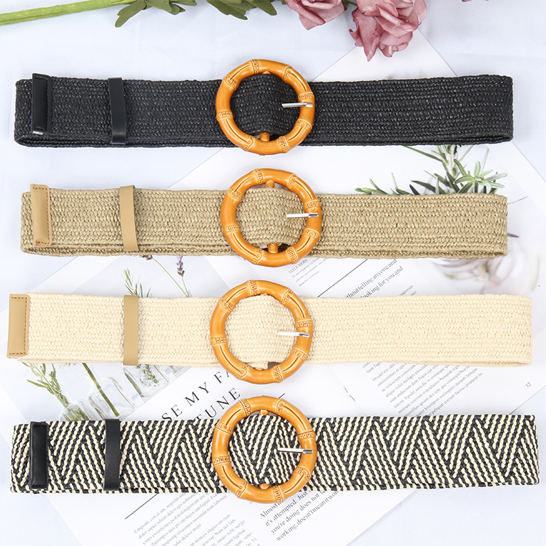 Cross-border imitation grass woven ladies elastic belt plastic buckle all-match dress elastic waist seal pp grass woven belt