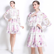 法式高级感优雅镂空钩花刺绣拼接收腰印花连衣裙女欧美时尚A字裙