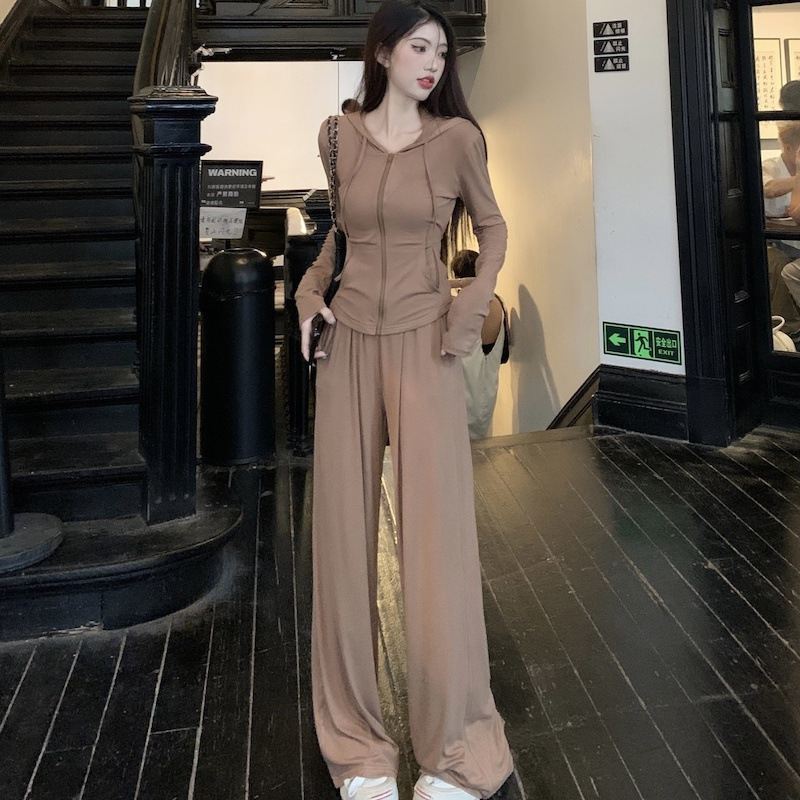 纯欲风春秋新款修身显瘦连帽开衫长袖上衣外套阔腿长裤时尚两件套|undefined