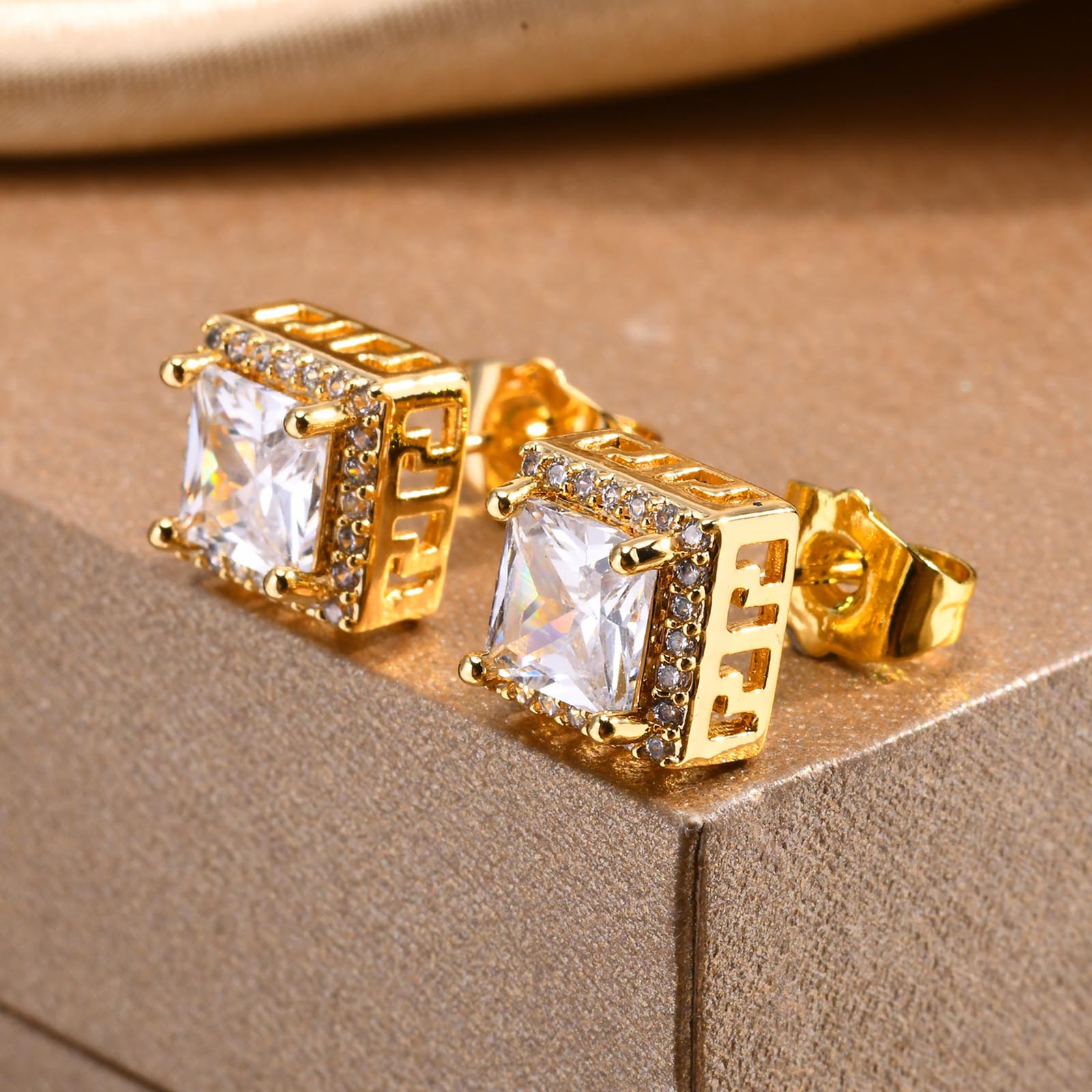 Square geometric golden earrings with zircon