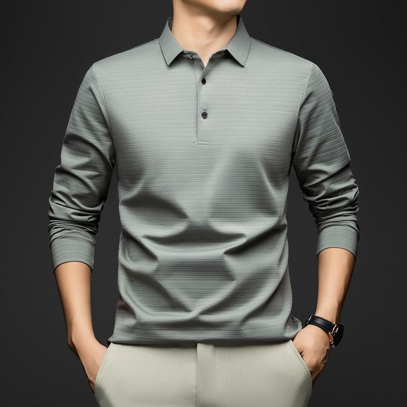 Cross-Border Ice Silk Men's Long-Sleeved T-Shirt, Young and Middle-Aged Business Casual Thin Pure Color Versatile Polo Shirt Dad Wear