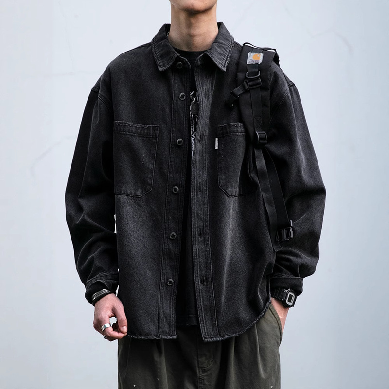 American Retro Heavy-Duty Washed Distressed Denim Shirt for Men, Autumn and Winter Versatile Textured Loose Workwear Top Jacket Trendy
