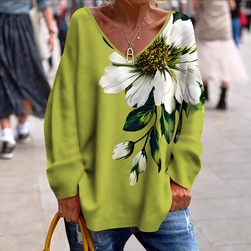 2025 New Cross-Border European and American Autum Women's Fashion Casual Pure Color V-Neck Flower Printed Long-Sleeved T-Shirt