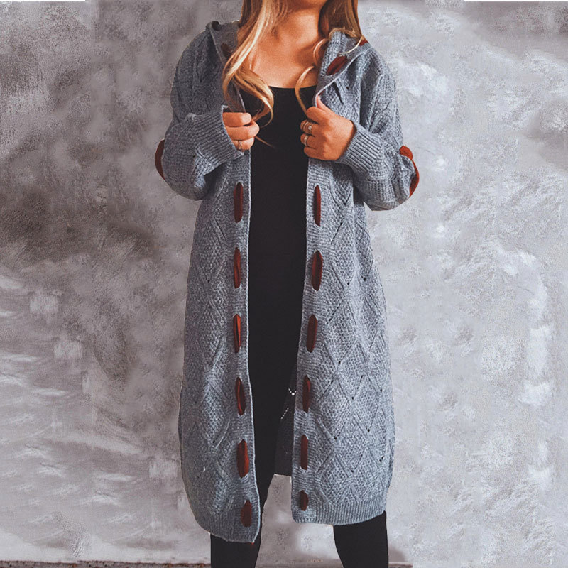 Thick Suede Stitching Knitted Long Hooded Sweater Cardigan NSSX104244