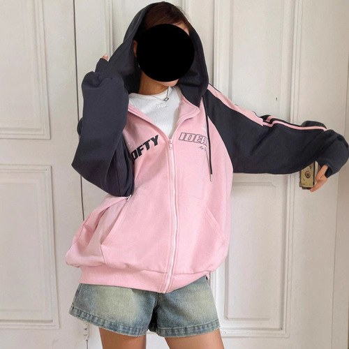 Spot 2026 autumn and winter fashionable American splicing color contrast ins simple personality hooded loose hooded hooded sweater coat wholesale