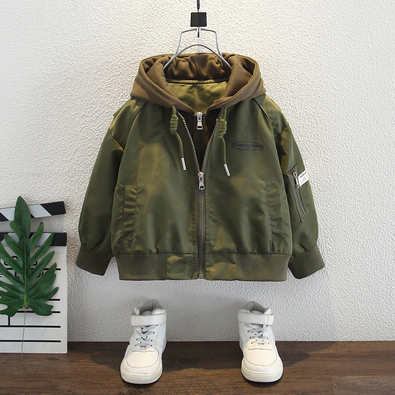 Boys' Spring and Autumn Korean-Style Faux Two-Piece Hooded Jacket, Stylish Pilot Jacket Baseball Coat for Young Boys Boys' Spring and Autumn Korean-Style Faux Two-Piece Hooded Jacket, Stylish Pilot Jacket Baseball Coat for Young Boys
