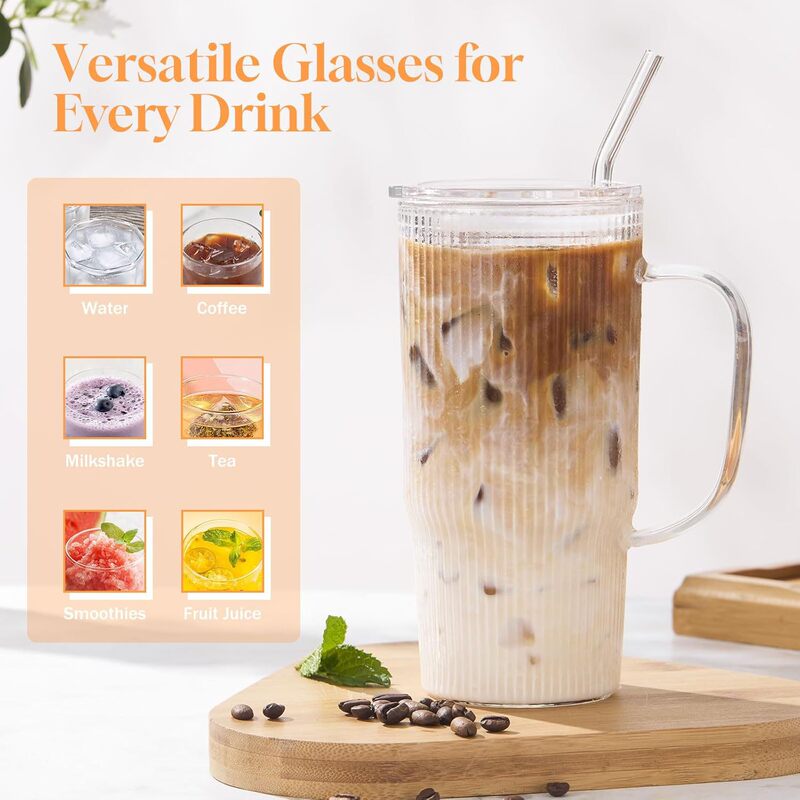 Glass Straw Cup Ins Vertical Stripe Iced Coffee Juice Cup Beer Cup Household Milk Tea Cola Cup Cross-Border Smoothie Cup