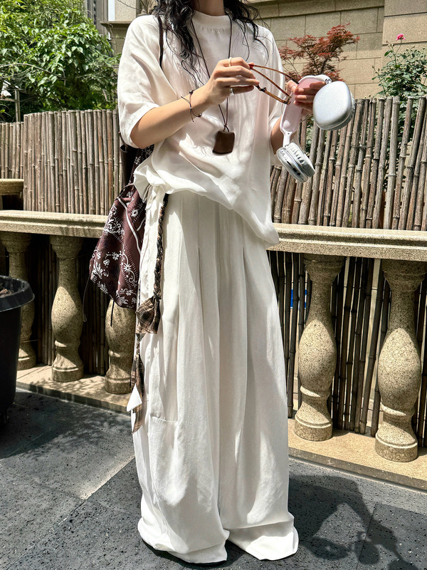 ルーブル夏の新しいパリファッショナブルなオールドマネースタイルキュプラリブプリーツワイドレッグパンツ女性用|undefined