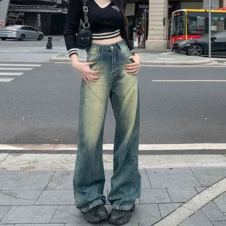 牛仔裤女胖mm大码怀旧拼接设计宽松阔腿高腰遮肉拖地复古直筒长裤