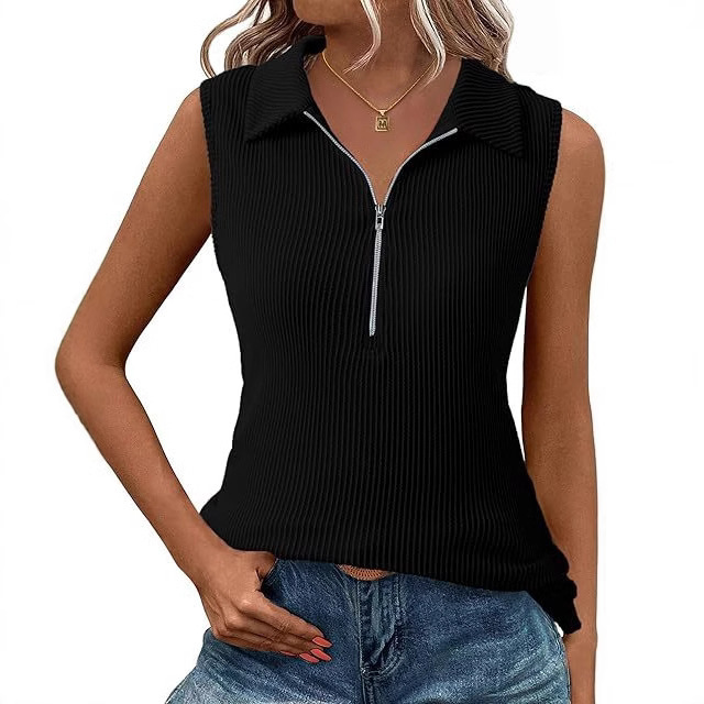 Women's Sleeveless V-Neck Shirt Casual 2025 Summer Fashion Black Zipper Vest Elegant and Stylish