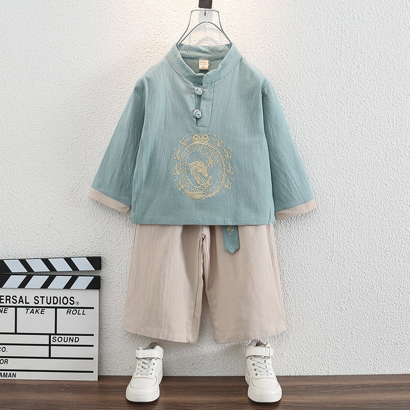 Boys' Spring and Autumn Style Long-Sleeve Children's Tang Suit Set Chinese Style Flying Dragon Embroidered Children's Ancient Costume Hanfu Baby Set