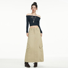 水洗复古美式牛仔裙女秋季中长款高腰遮胯显瘦开叉a字包臀半身裙