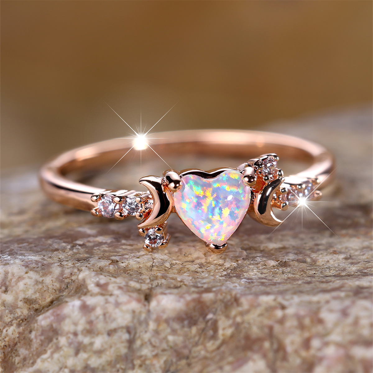 Transfronterizo deseo nuevo amor blanco OPAL Luna anillo de tres garras en ambos lados personalidad simple nicho anillo de lujo ligero