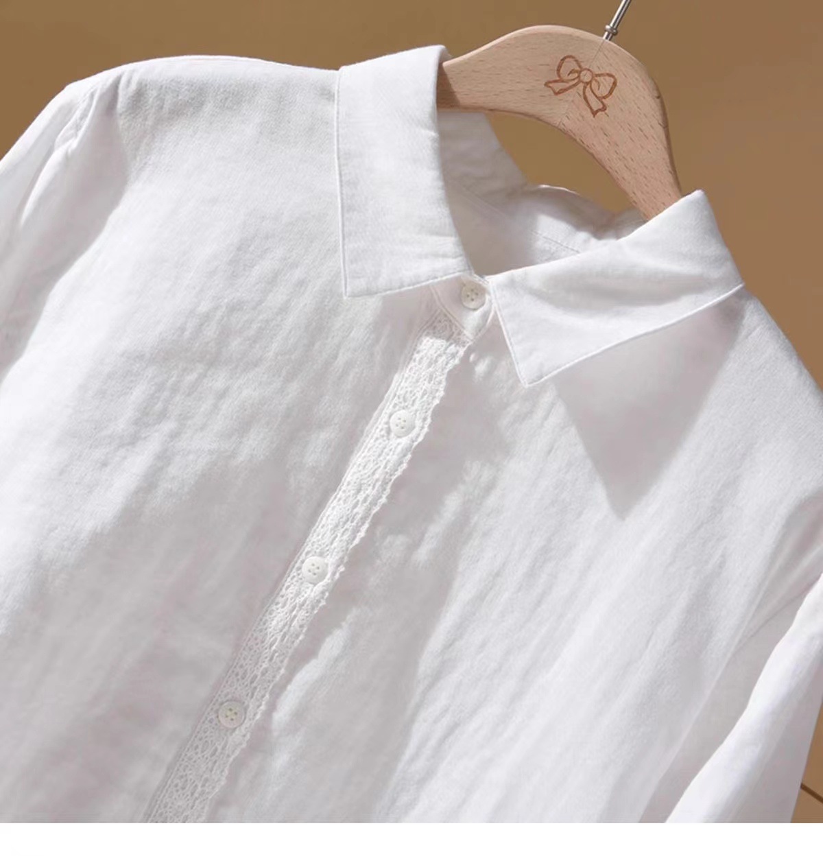 Camisa retro de algodón y cáñamo de color liso para mujer, primavera/verano 2024, nueva camisa holgada de manga larga con encaje y panel de encaje._voghion.com