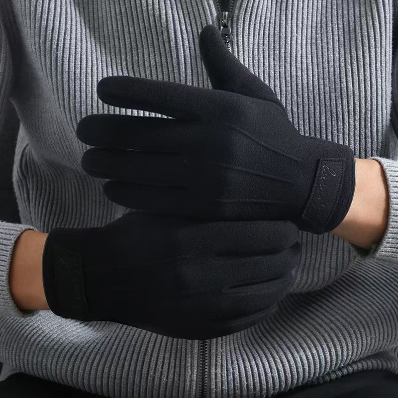秋冬季新款皮标男士加绒德绒户外运动开车骑行分指触屏手套批发|undefined