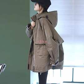 欧洲站设计感小众复古工装连帽中长款厚实风衣外套男女款2025新款
