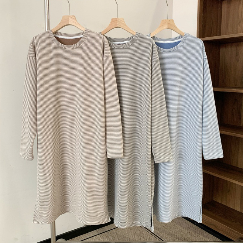 Men's Wool Velvet Stripesd Nightgown Autumn and Winter Casual Fleece-Lined Thickeneded Warm Long-Sleeved Pajamas Large Size Home Clothes