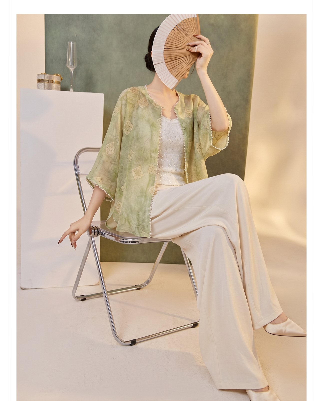 Áo cardigan mùa hè mỏng nhẹ thoáng khí, họa tiết in chống nắng đính cườm, dáng rộng — Xanh da trờicolor, Thái Đường chi tiết 16