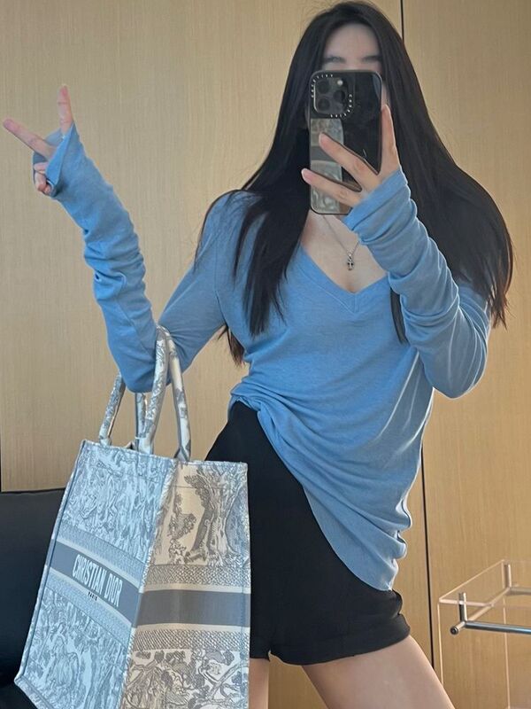 蓝色V领长袖T恤女秋季薄款小个子宽松显瘦慵懒风休闲百搭打底上衣|undefined