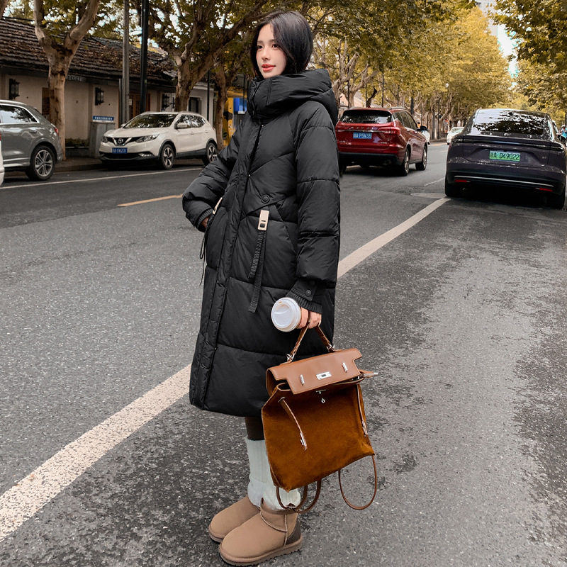2025 nueva mujer de invierno largo y medio engrosado chaqueta de algodón de pluma caliente con capuchón grueso chaqueta de algodón de color sólido
