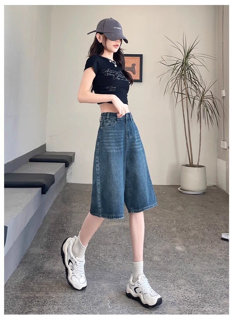 Quần short jean nữ lưng cao 5 phân kiểu Mỹ dáng suông rộng — Màu xanh - Quần lửng chi tiết 11