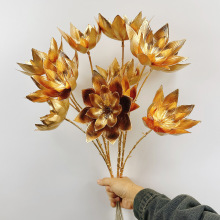 金色仿真花3头金莲花荷花客厅插花装饰新年假花高档摆放花艺批发