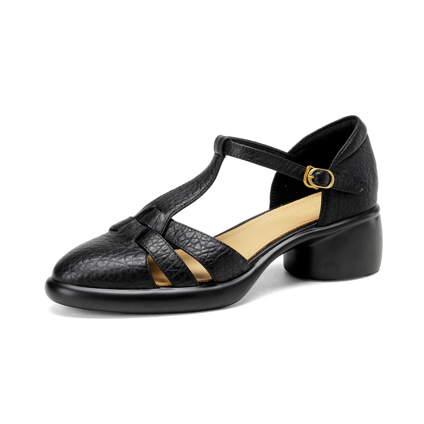Sandal nữ quai chữ T bít mũi gót vuông 5 cm phong cách La Mã — đen