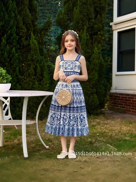 2026 Summer Set for Young Girls: European and American Style Blue and White Porcelain Ethnic Style Camisole and Long Skirt Two-Piece Set