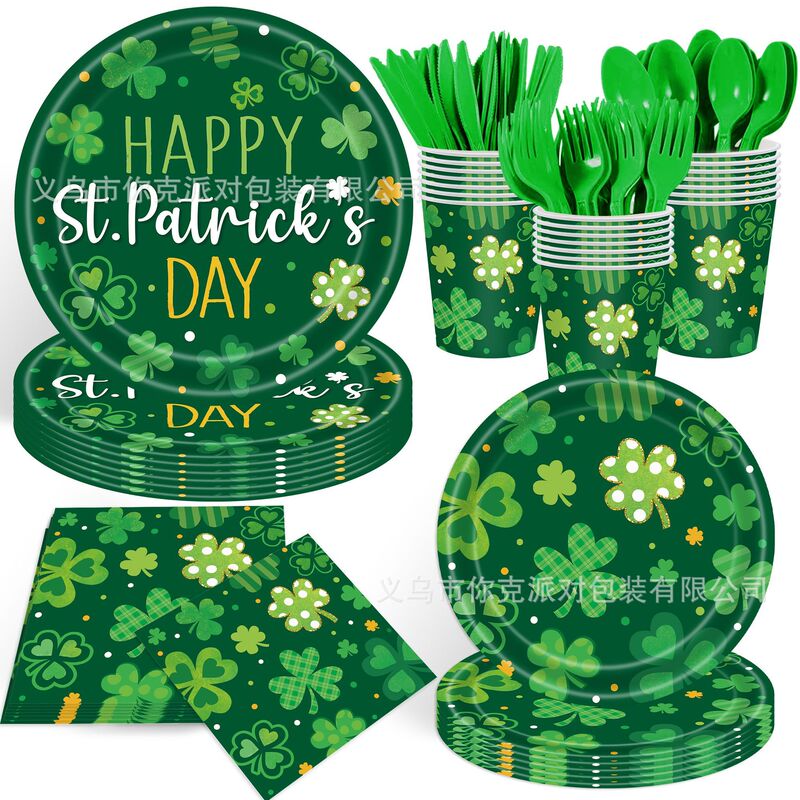 Cross-Border St. Patrick's Day Decoration Supplies Clover Theme Disposable Paper Plates, Paper Cups, Paper Towels and Tableware Sets