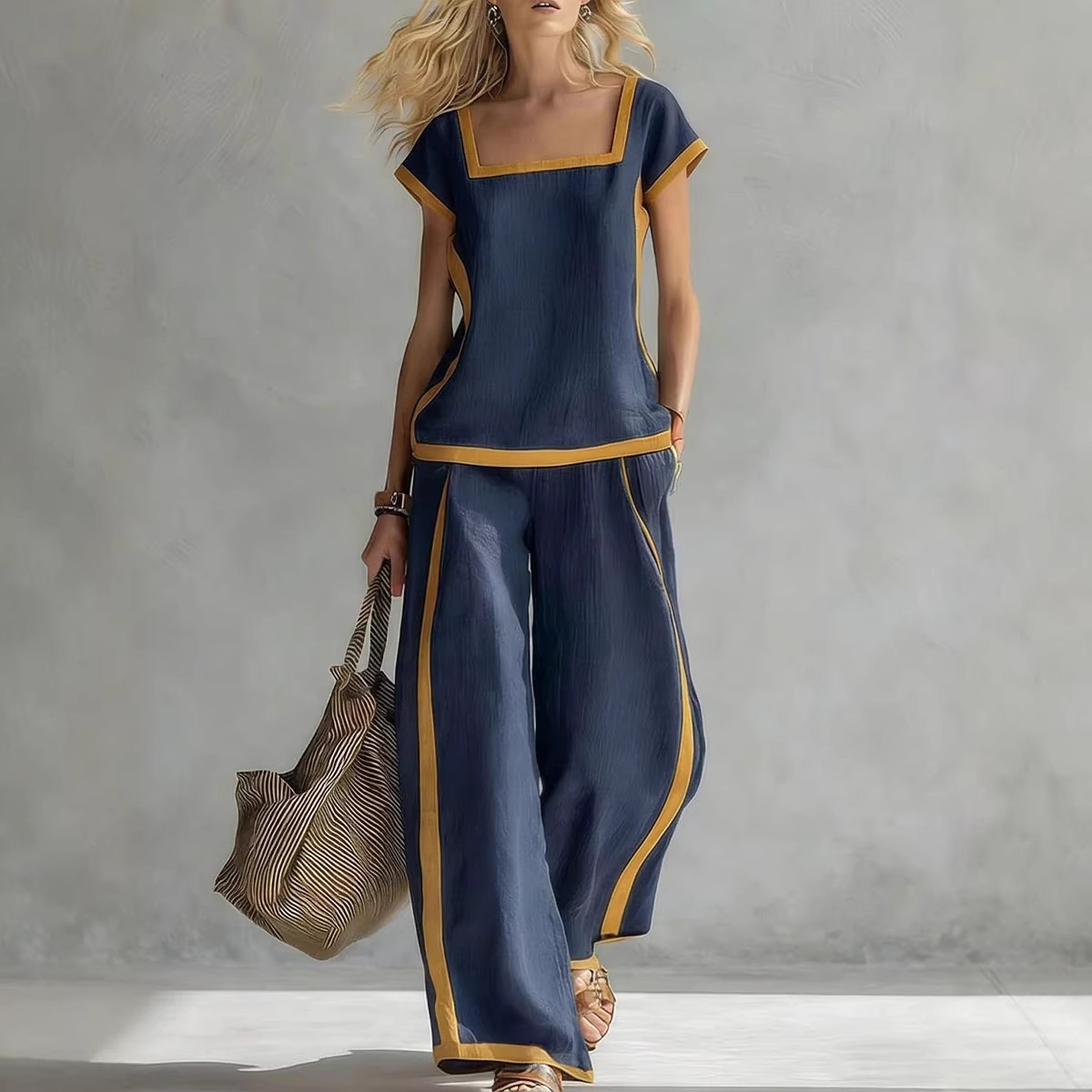 Women's Clothing Women's Cotton Linen Set Square Neck Short Sleeve Top High Waist Casual Loose Trousers Style_ecoleips.com